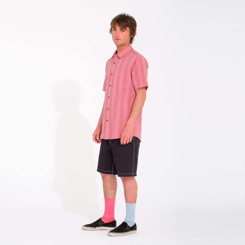 Camisa Volcom: Newbar Stripe SS (Washed Ruby)