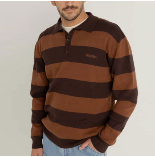 Jersey Rhythm: Ventura Stripe Knit LS Polo (Café)