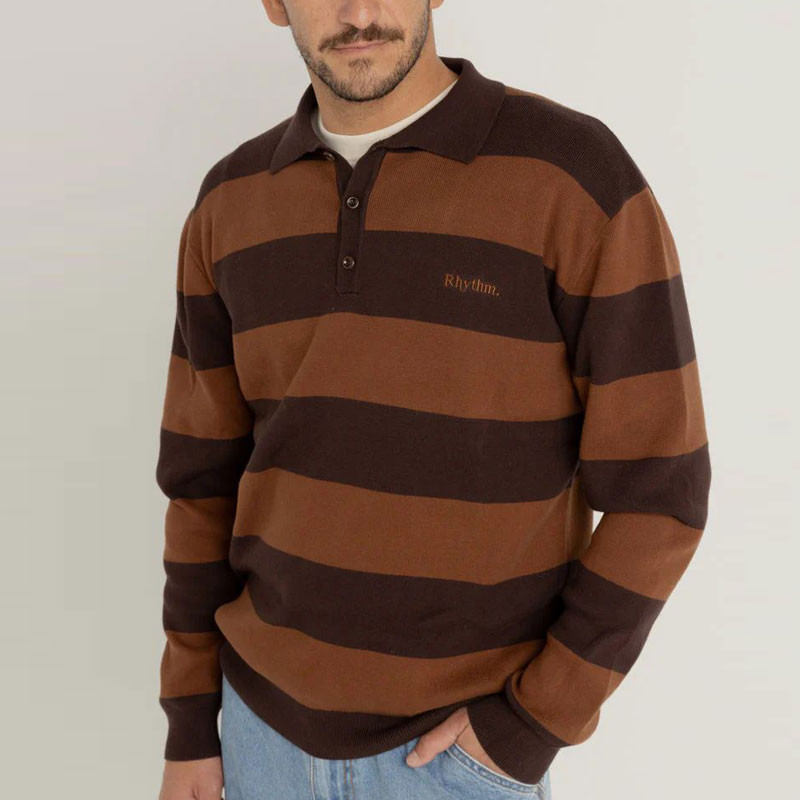 Jersey Rhythm: Ventura Stripe Knit LS Polo (Café)