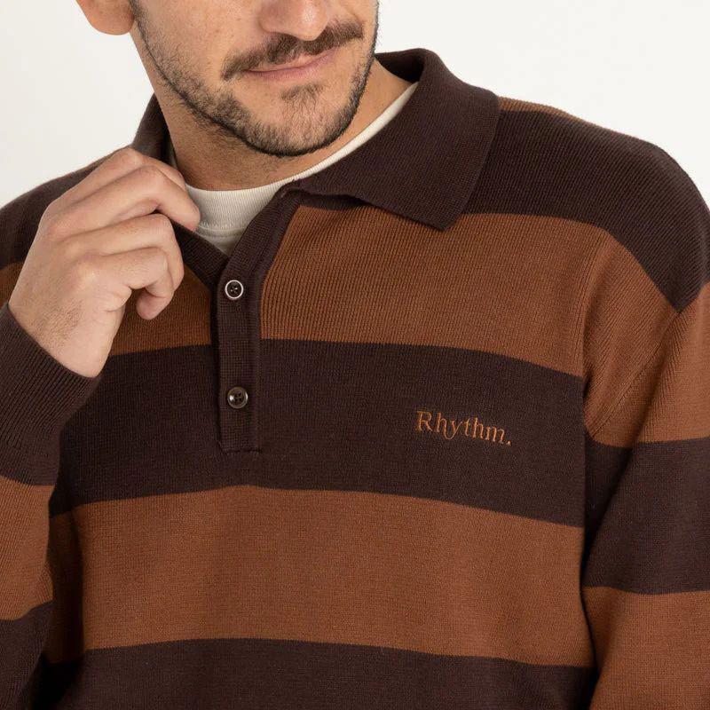 Jersey Rhythm: Ventura Stripe Knit LS Polo (Café)