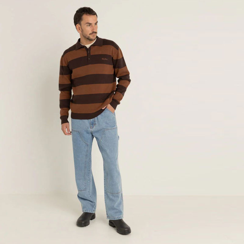 Jersey Rhythm: Ventura Stripe Knit LS Polo (Café)