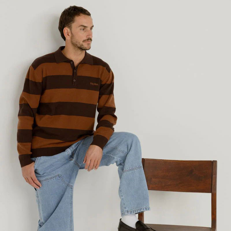 Jersey Rhythm: Ventura Stripe Knit LS Polo (Café)