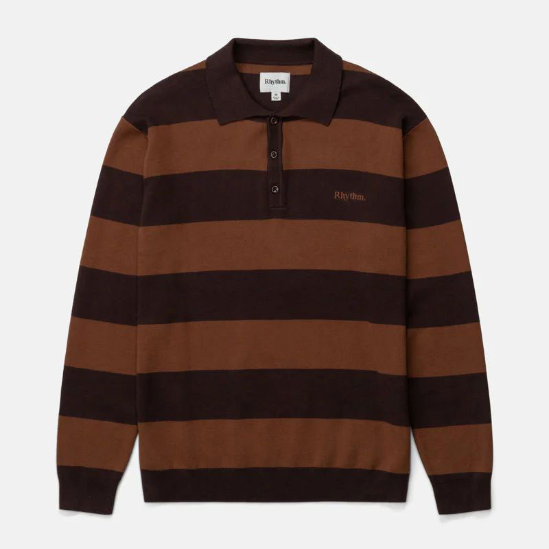 Jersey Rhythm: Ventura Stripe Knit LS Polo (Café)