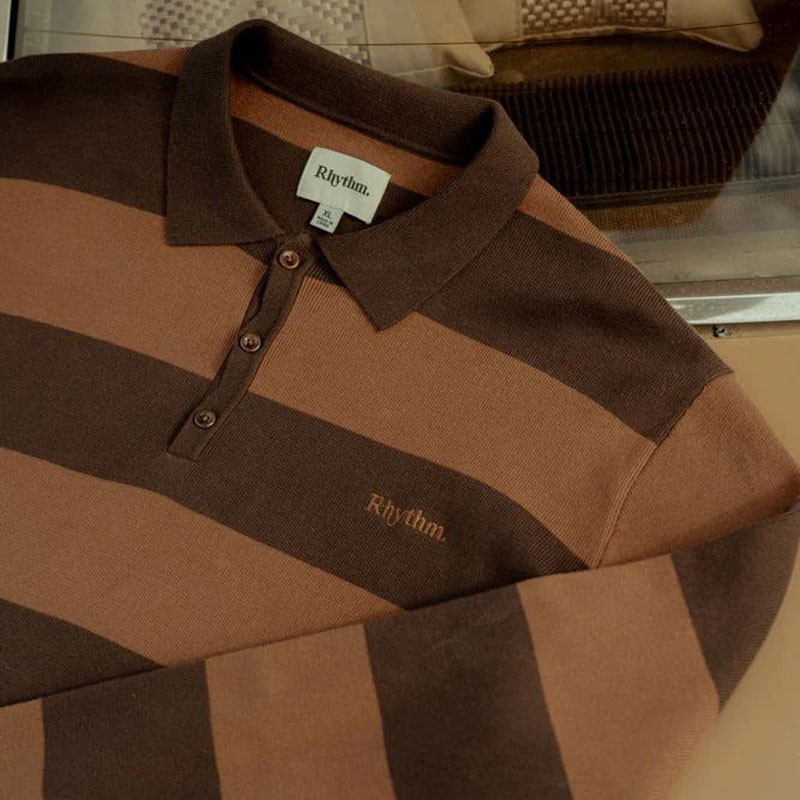 Jersey Rhythm: Ventura Stripe Knit LS Polo (Café)