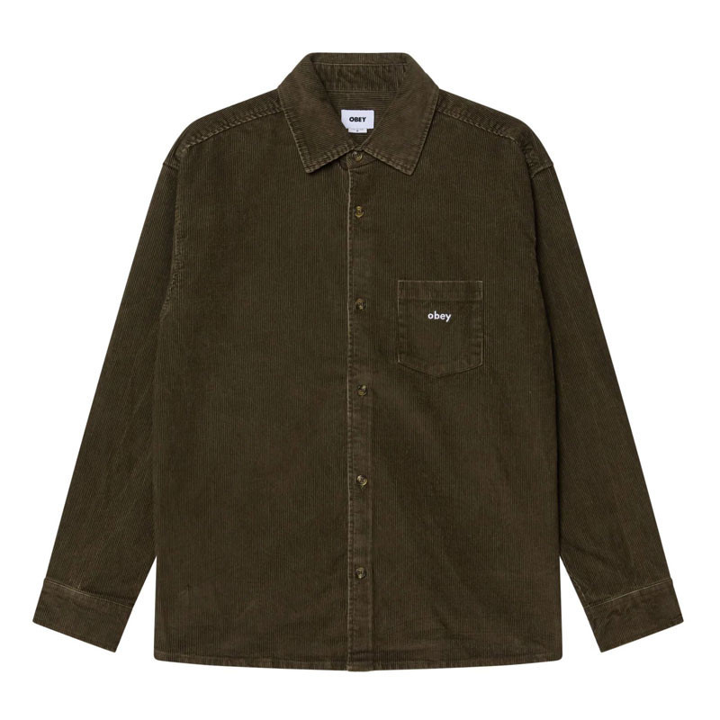 Camisa Obey: Buckley Corduroy Woven (Blk Olive Fd Wash)