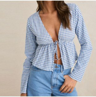 Camisa Rhythm: Lola Check Tie Front Long Sleeve Top (Blu)