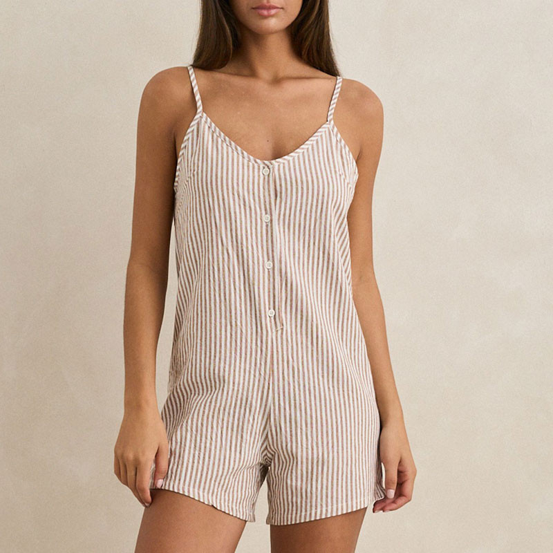 Bermuda Rhythm: Valley Stripe Adjustable Romper (Tan)