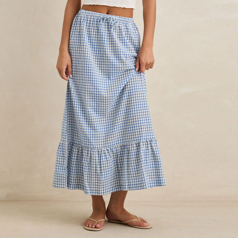 Falda Rhythm: Lola Check Tiered Maxi Skirt (Blue)