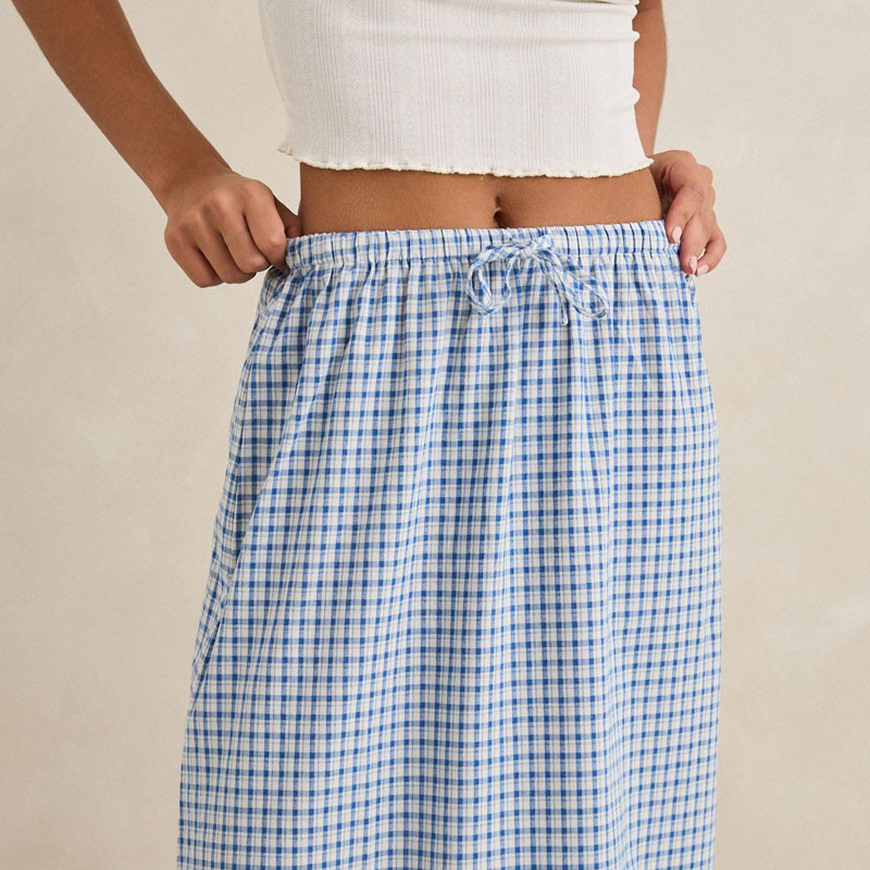 Falda Rhythm: Lola Check Tiered Maxi Skirt (Blue)