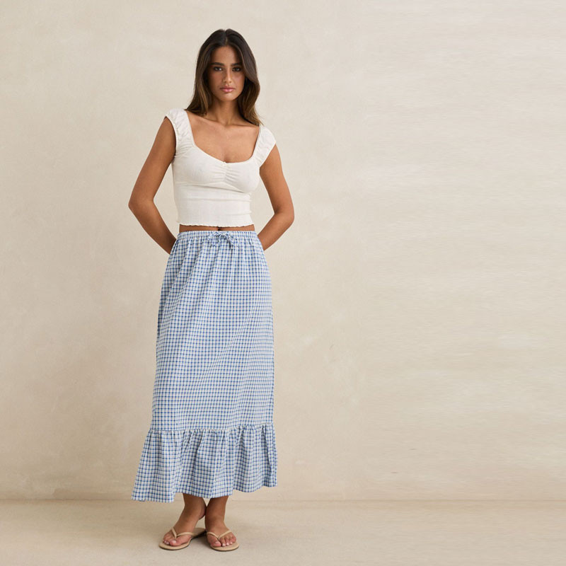 Falda Rhythm: Lola Check Tiered Maxi Skirt (Blue)