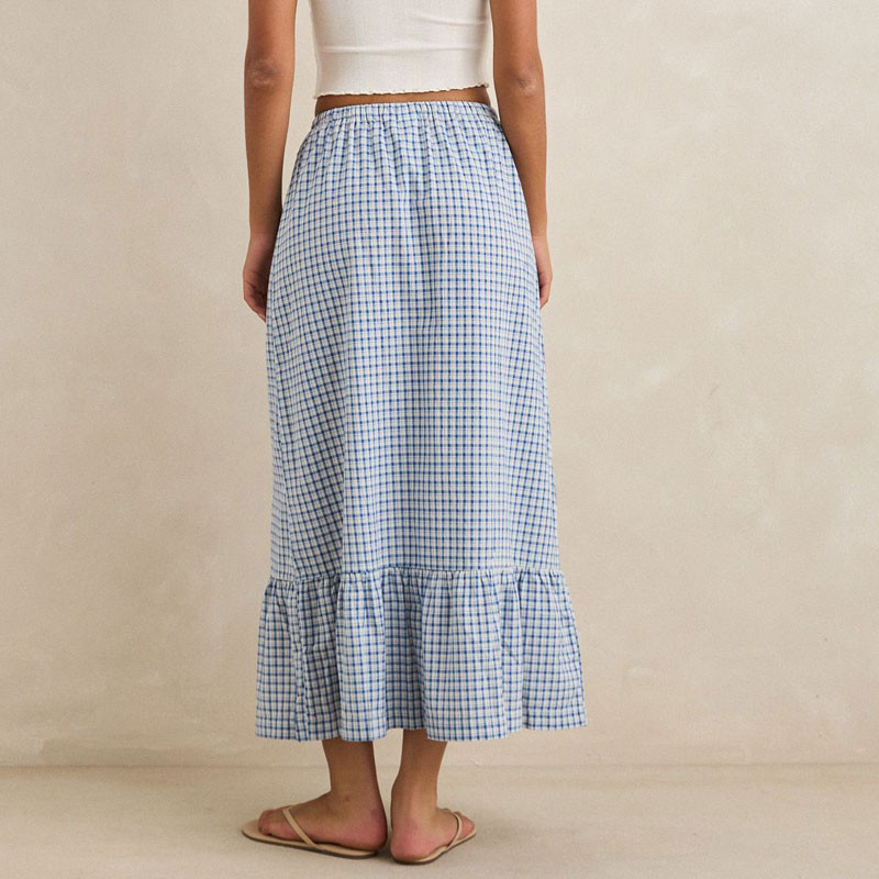 Falda Rhythm: Lola Check Tiered Maxi Skirt (Blue)
