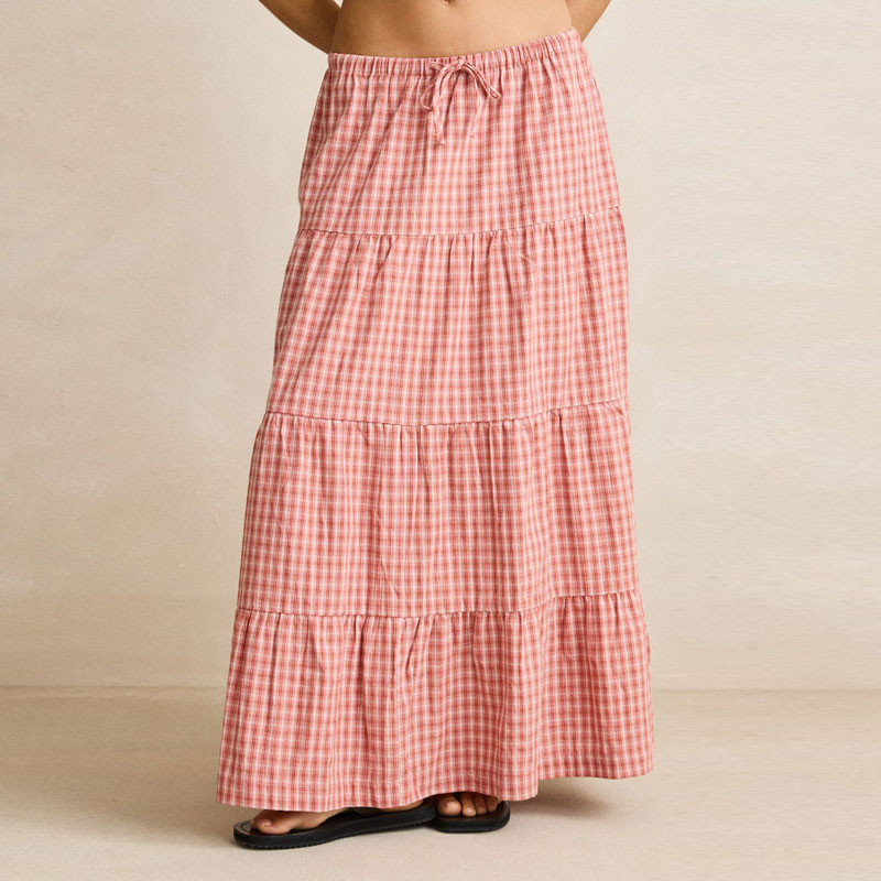 Falda Rhythm: Kirra Check Tiered Maxi Skirt (Pink)