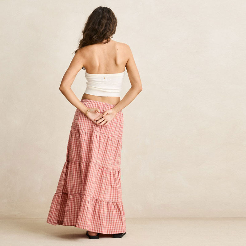 Falda Rhythm: Kirra Check Tiered Maxi Skirt (Pink)
