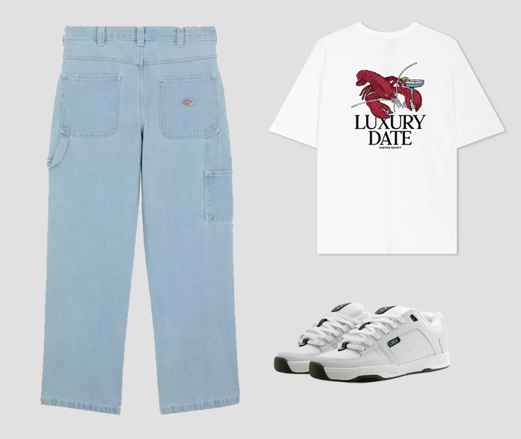 Look 1: Vaquero Dickies, camiseta Kaotiko y zapatillas Circa