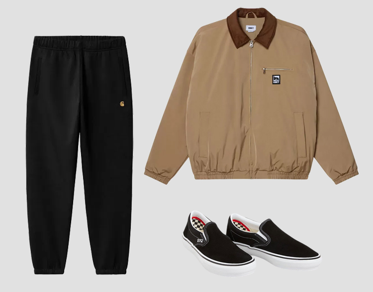 Look 2: Chaqueta Obey, chándal Carhartt y zapatillas Vans