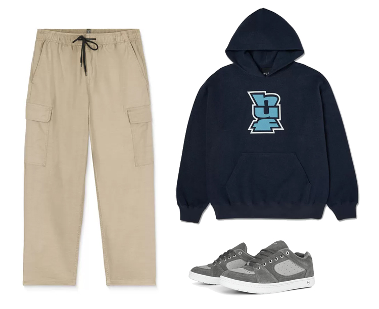 Look 3: Pantalón Volcom, sudadera HUF y zapatillas éS Accel