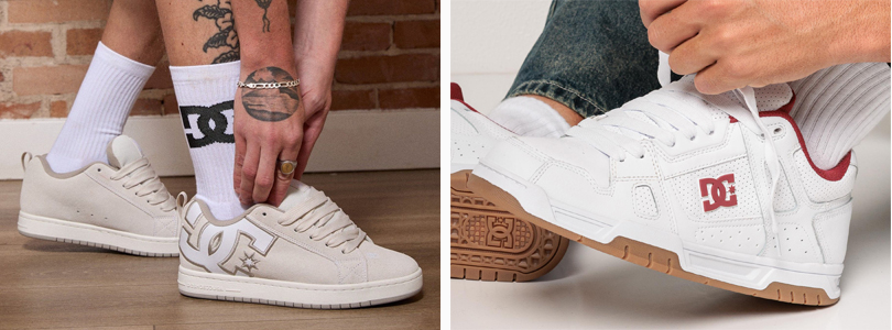 Zapatillas DC: Court Graffik en tonos beiges y blanco y Stag blanca con detalles rojos