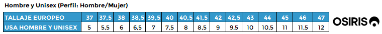 Tabla de conversión de tallas de zapatillas Osiris